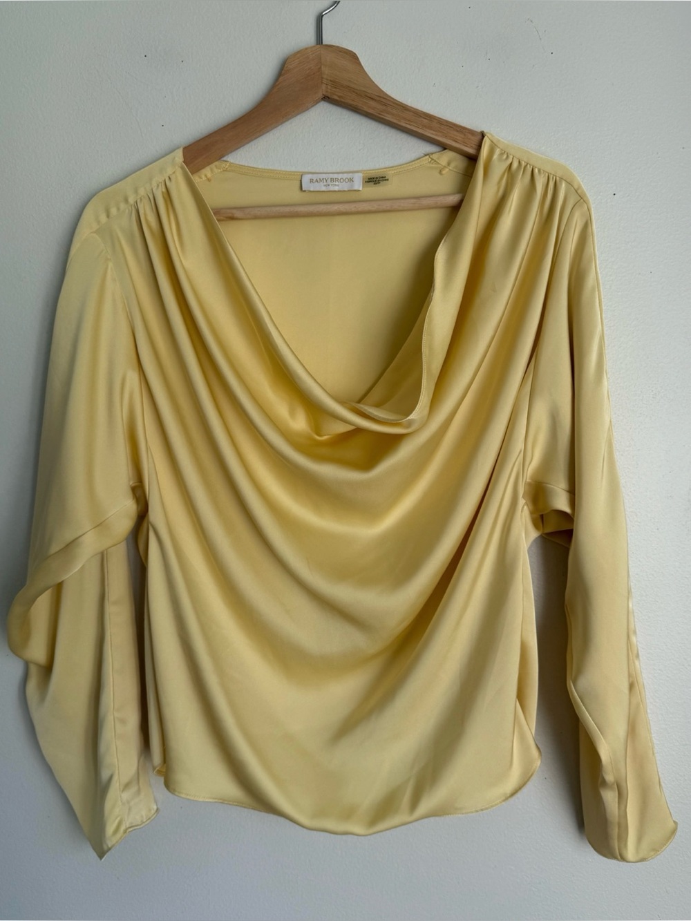 Ramy Brook Tayler Satin Drape Cow Neck Blouse Top in Butter Yellow - Picture 2 of 6